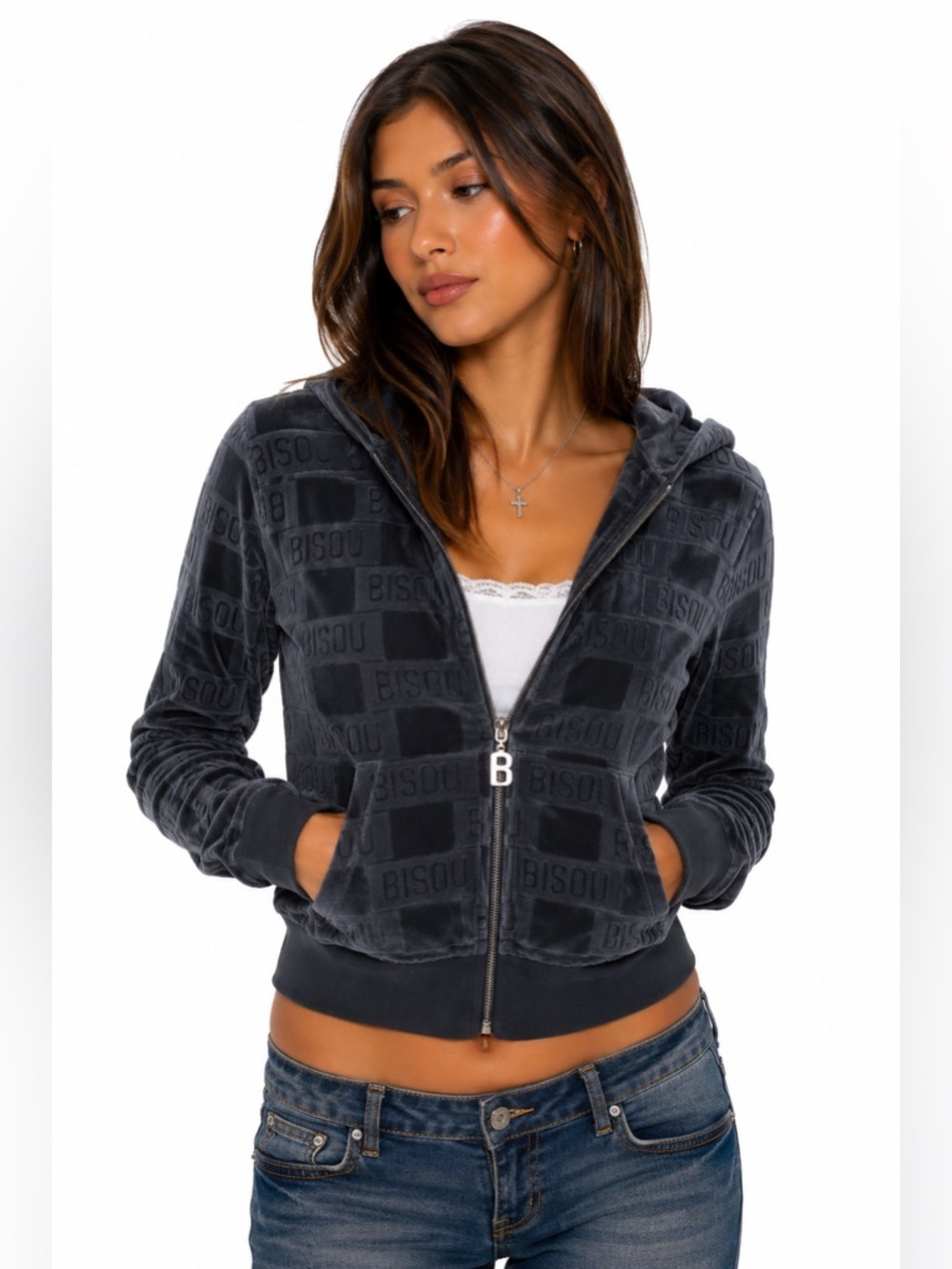 Y2K Bisou Jeans Velour Logo Zip Hoodie | Size Small